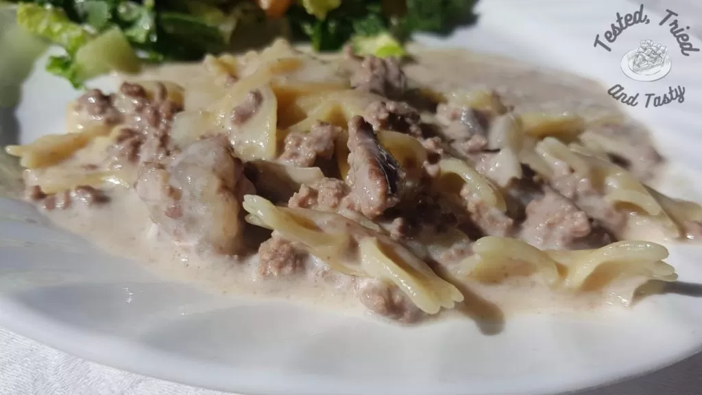 Hamburger helper stroganoff on a white plate.