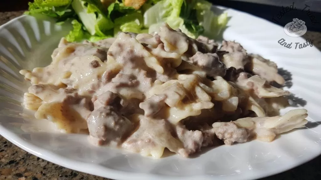 Hamburger helper stroganoff with caesar salad on a white plate.