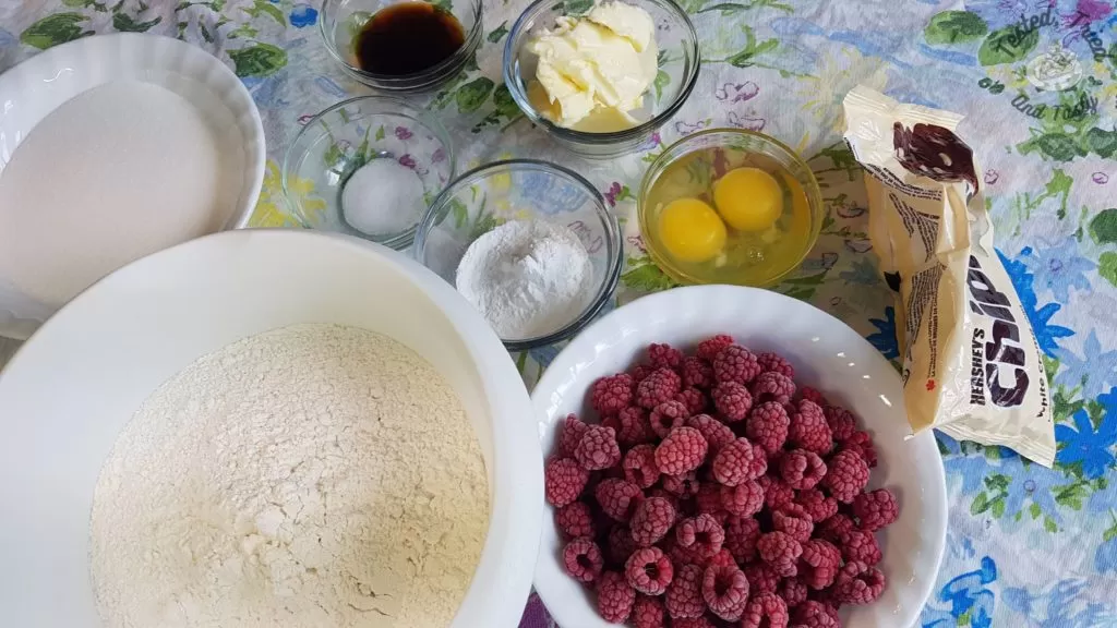 Ingredients for raspberry white chocolate muffins.