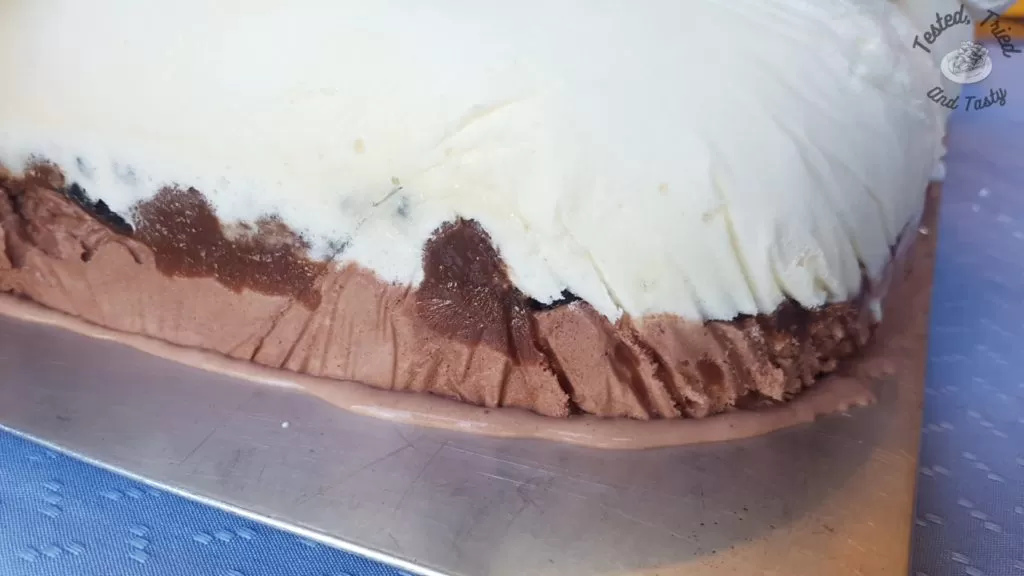 Close up of the layers in the ice cream cake.
