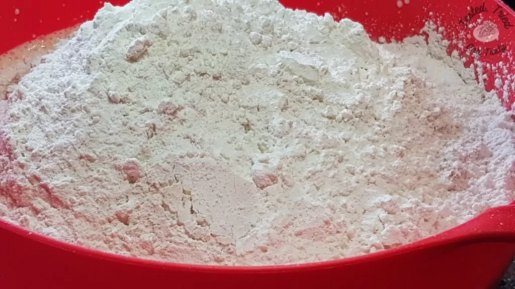 Dry ingredients added to wet ingredietns.