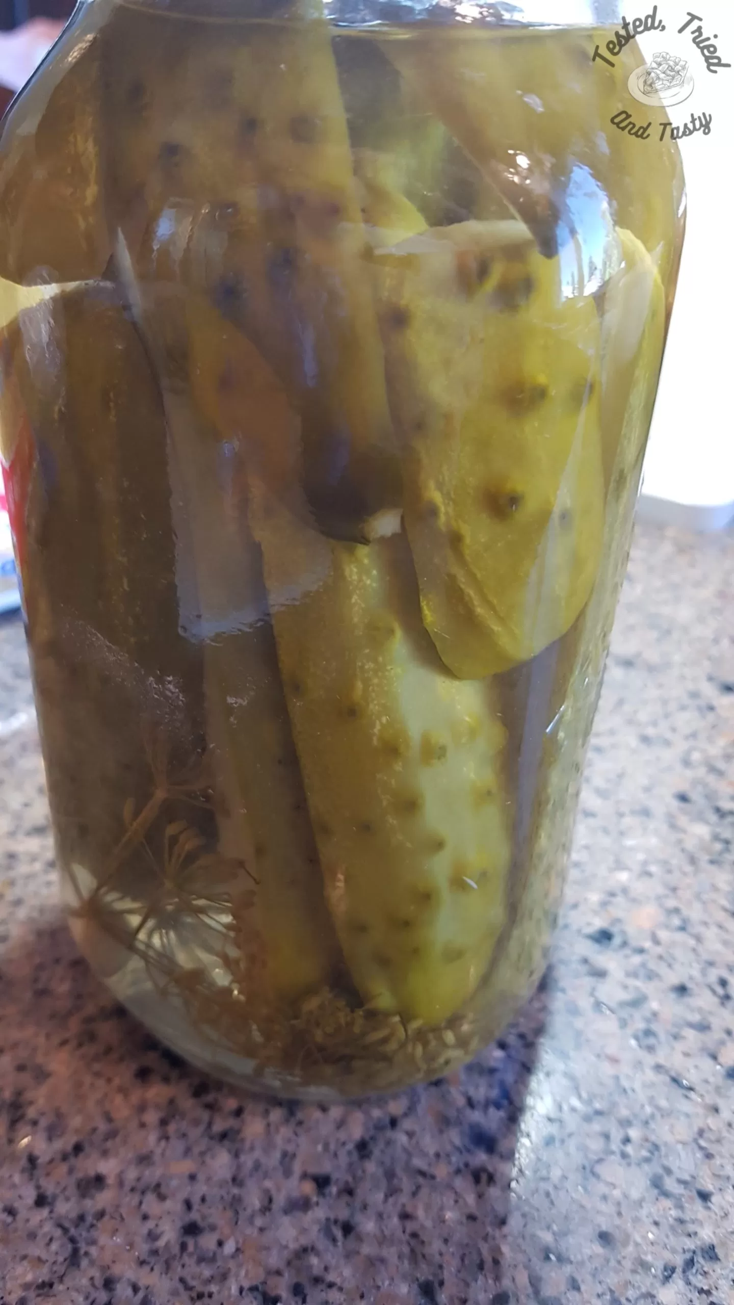 Homemade sweet garlic dill pickles.