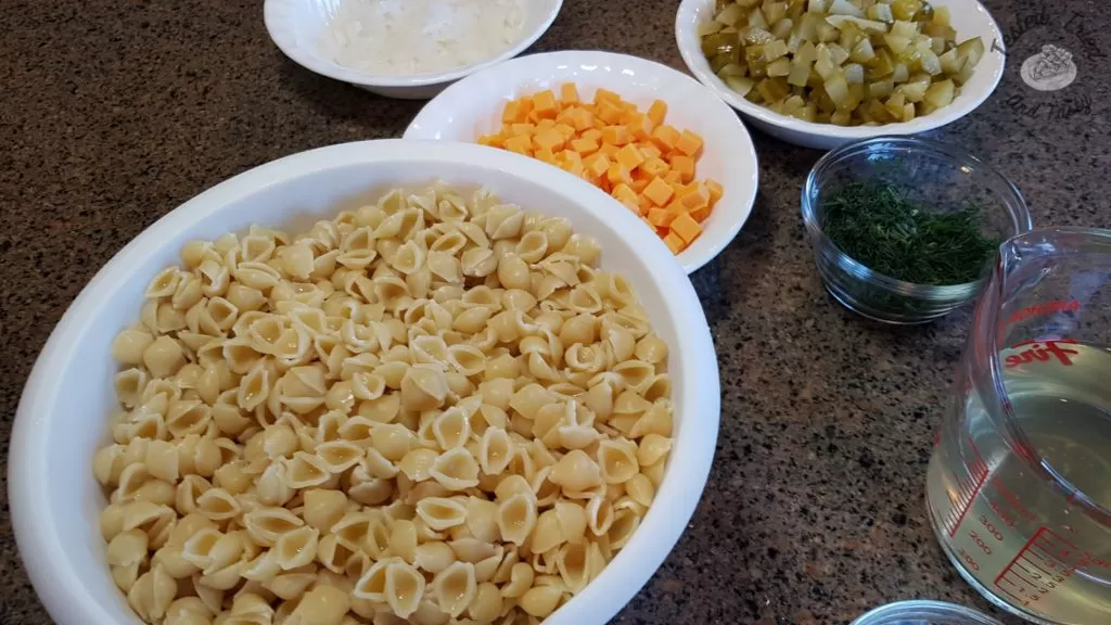 Ingredients for dill pickle pasta salad.