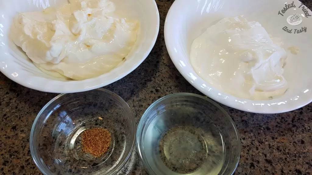 Ingredients for the creamy dressing to go on dill pickle pasta salad.