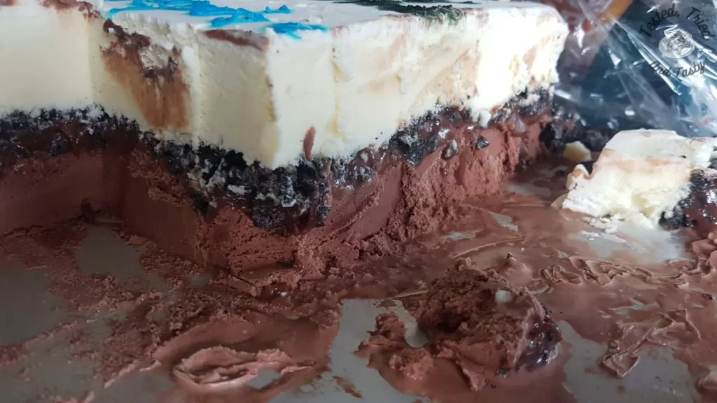 Half eaten ice cream cake.