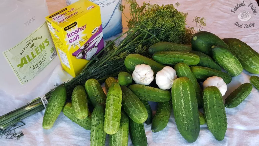 Ingredients for sweet garlic dill pickles.