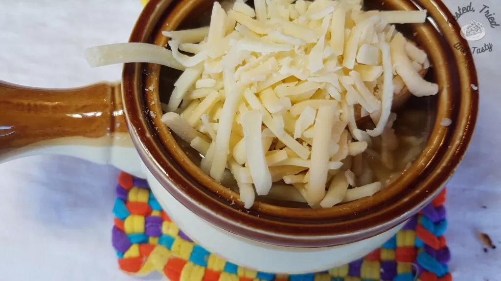 French onion soup before broiling.