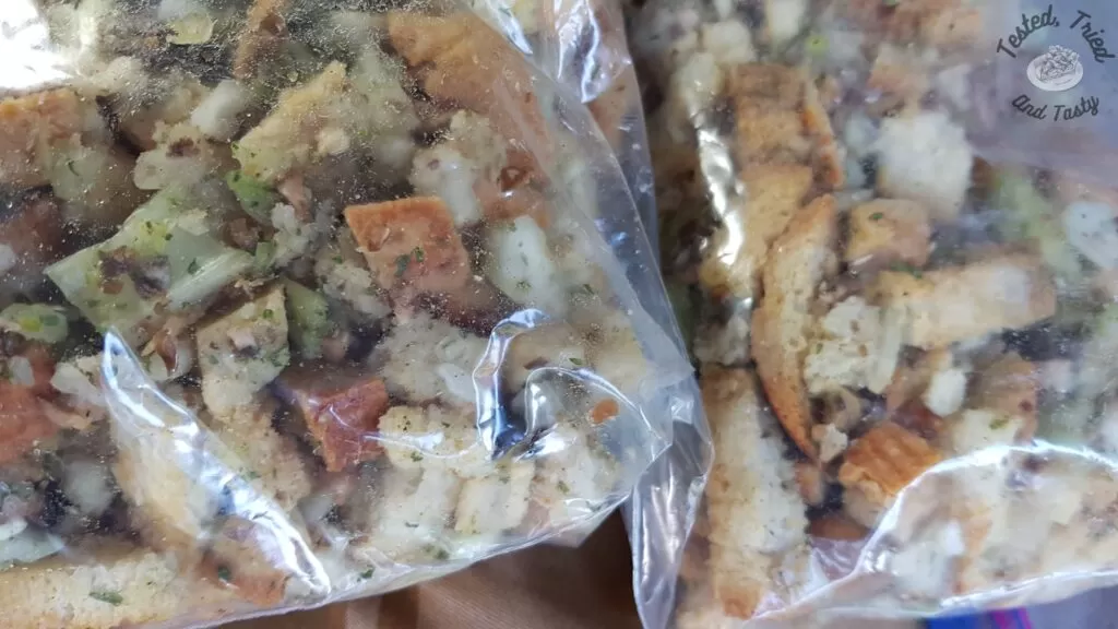 Turkey dressing in freezer bags to be frozen.