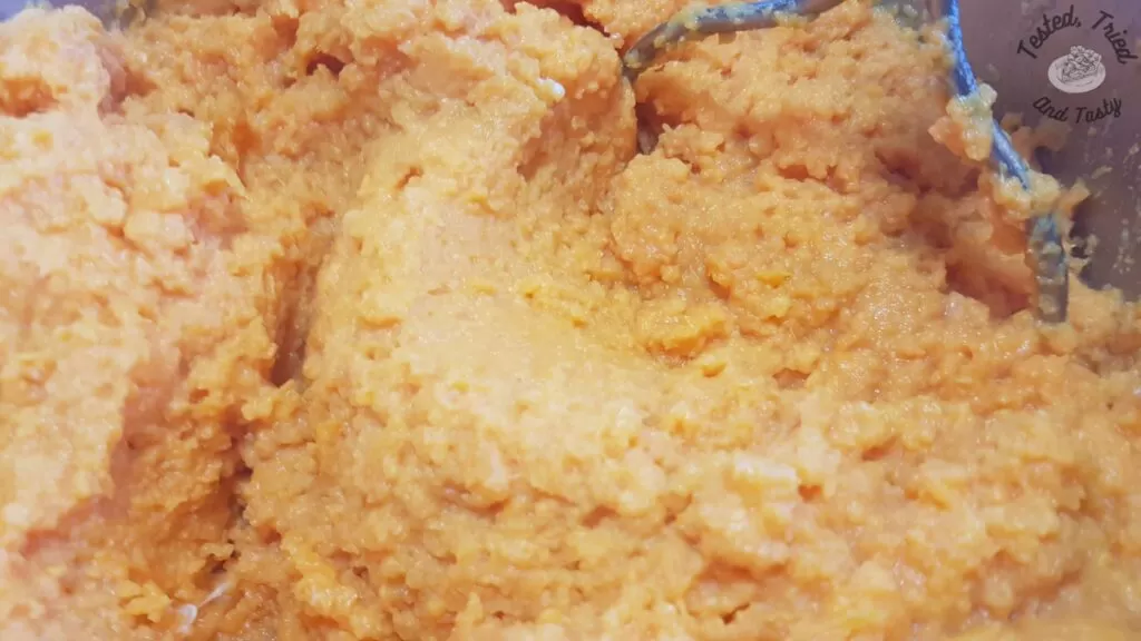 Mashed sweet potatoes ready for the sweet potato casserole.