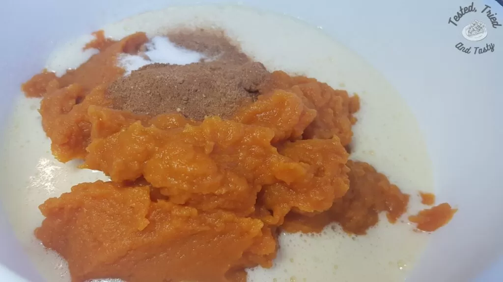 Pumpkin pie spice with pumpkin and eggs and sugar.