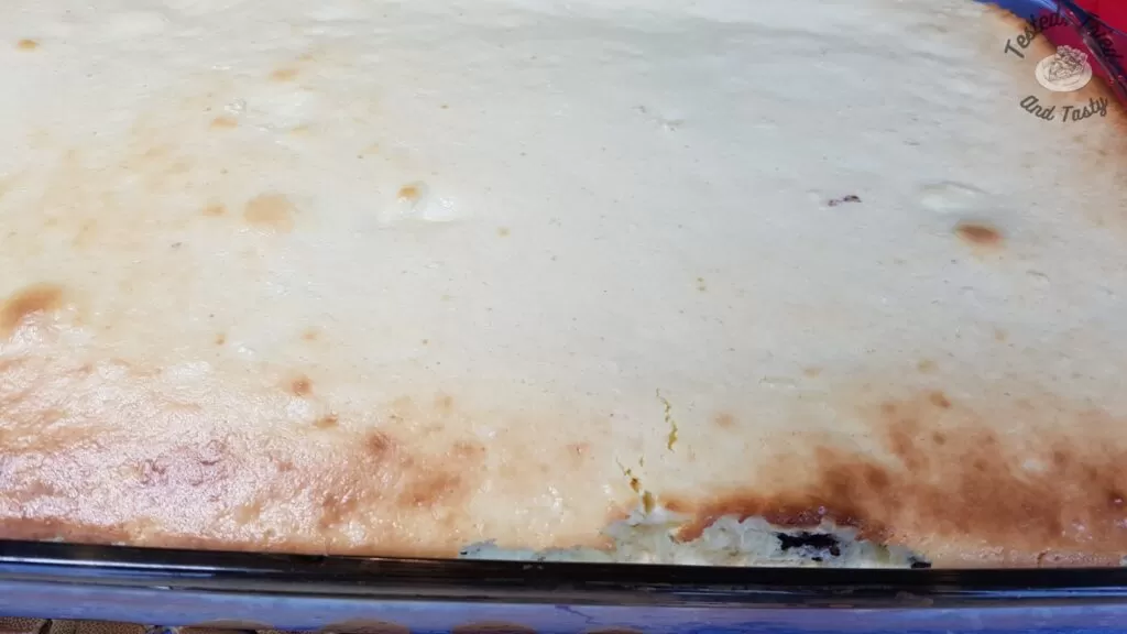 Black forest cheesecake cake finished baking.