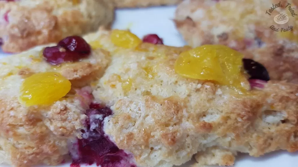 Close up of cranberry orange scones recipe.