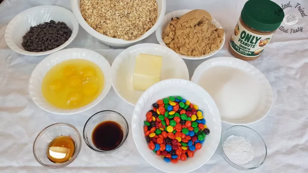 Ingredients for monster cookies recipe.