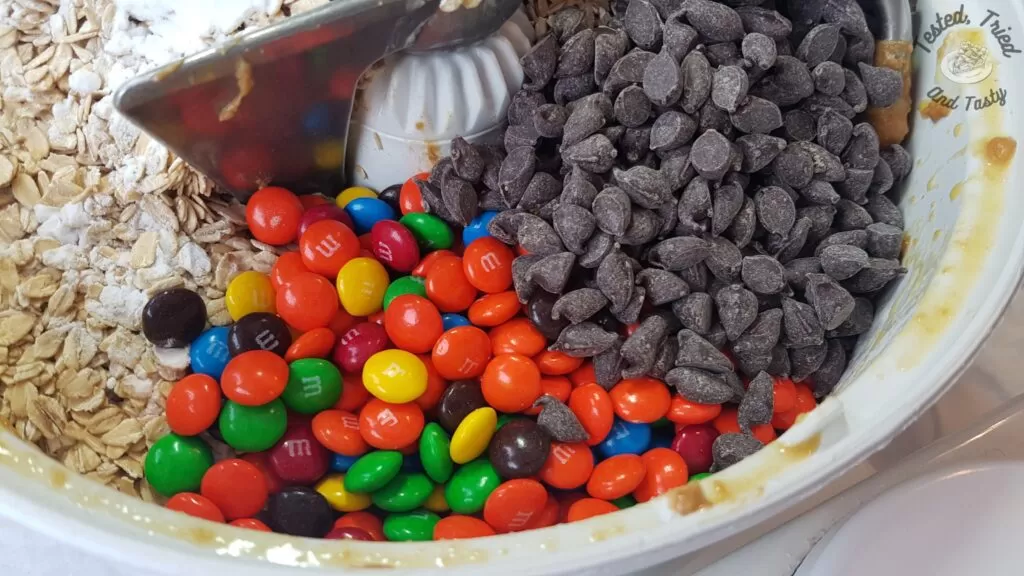 Dry ingredients added to wet ingredients in a bosch mixer.