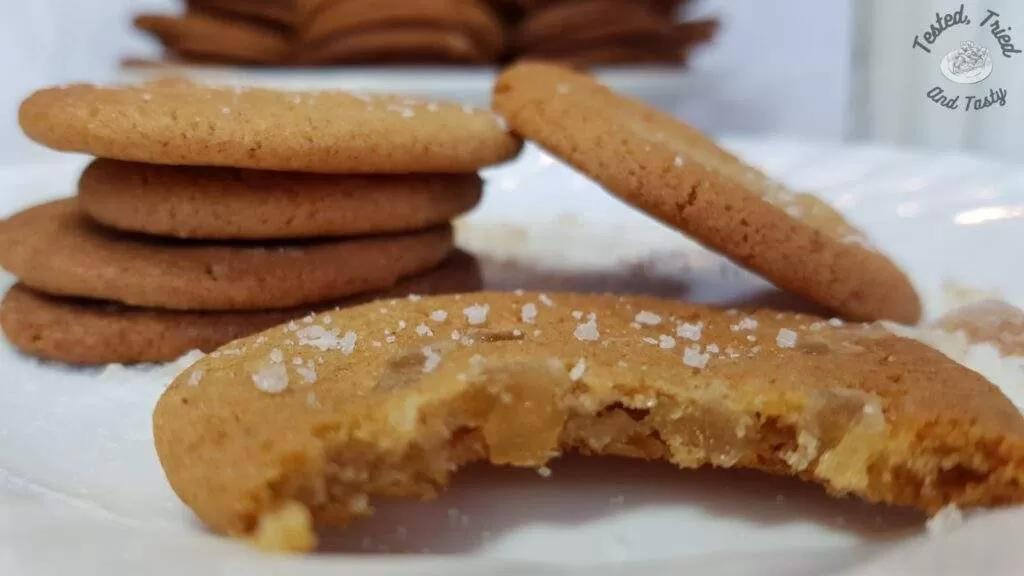 Serving suggestion for candied ginger icebox cookies.