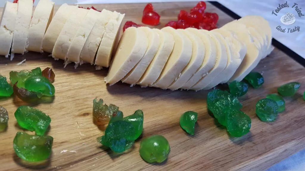 Shortbread dough sliced and ready to bake.