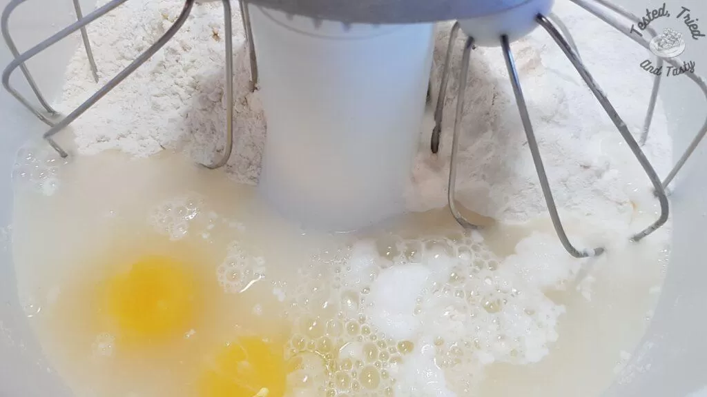 All dough ingredients in the mixer.