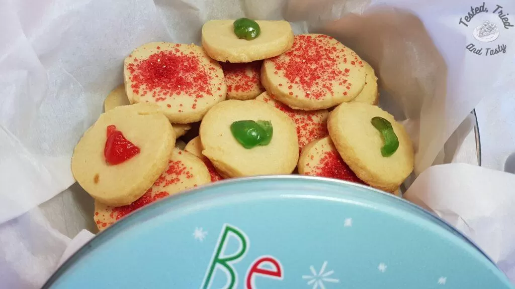 Shortbread cookies in a Christmas tin.