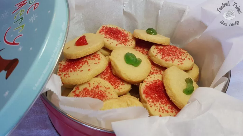 Shortbread cookies in a Christmas tin.