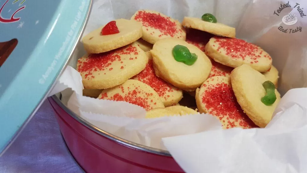 Shortbread cookies in a Christmas tin.