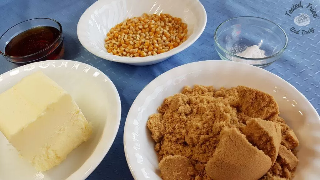 Ingredients for caramel popcorn.