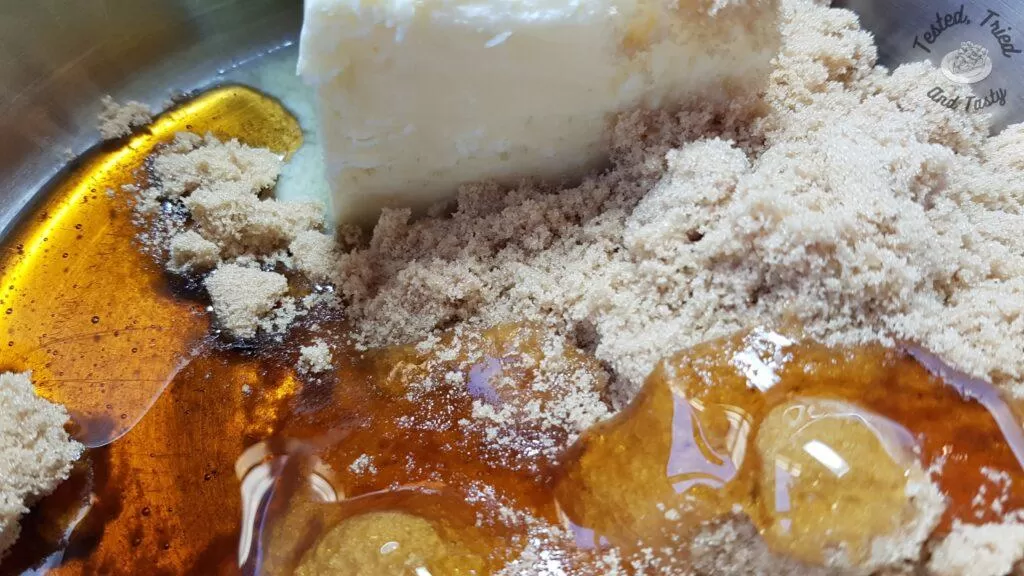 Ingredients for caramel sauce to pour onto the popcorn.