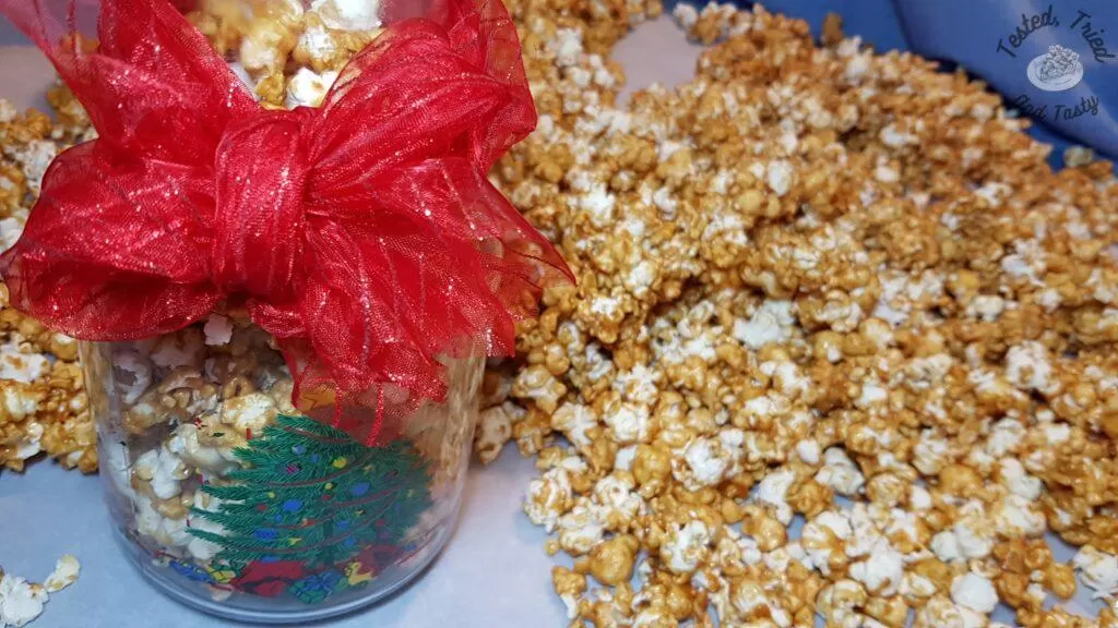 Popcorn with caramel sauce after it's baked.