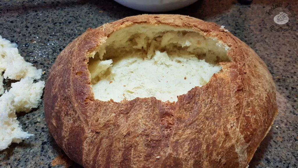Sourdough bread hollowed out.