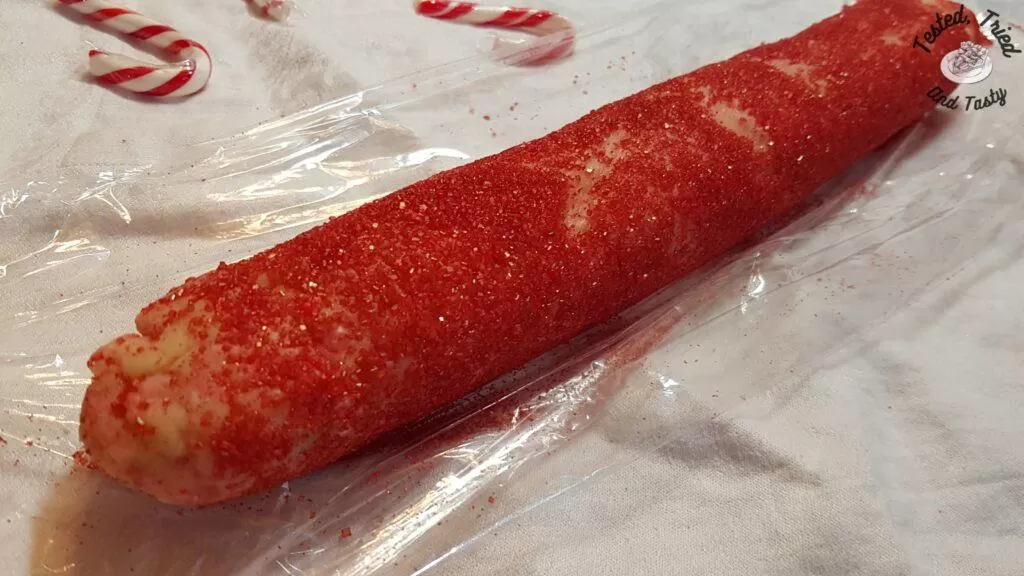 Cookie dough log ready to be cut.