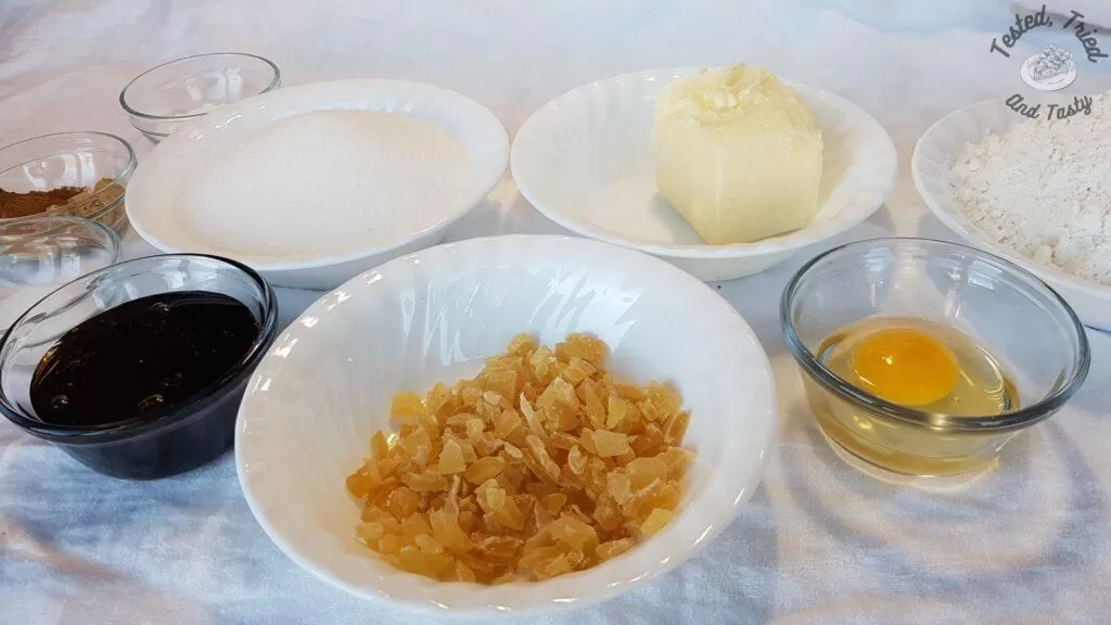 Ingredients for molasses gingersnaps.