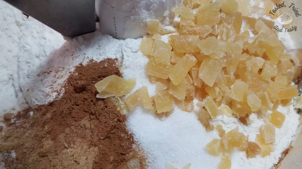 Dry ingredients added to the molasses ginger cookie dough.