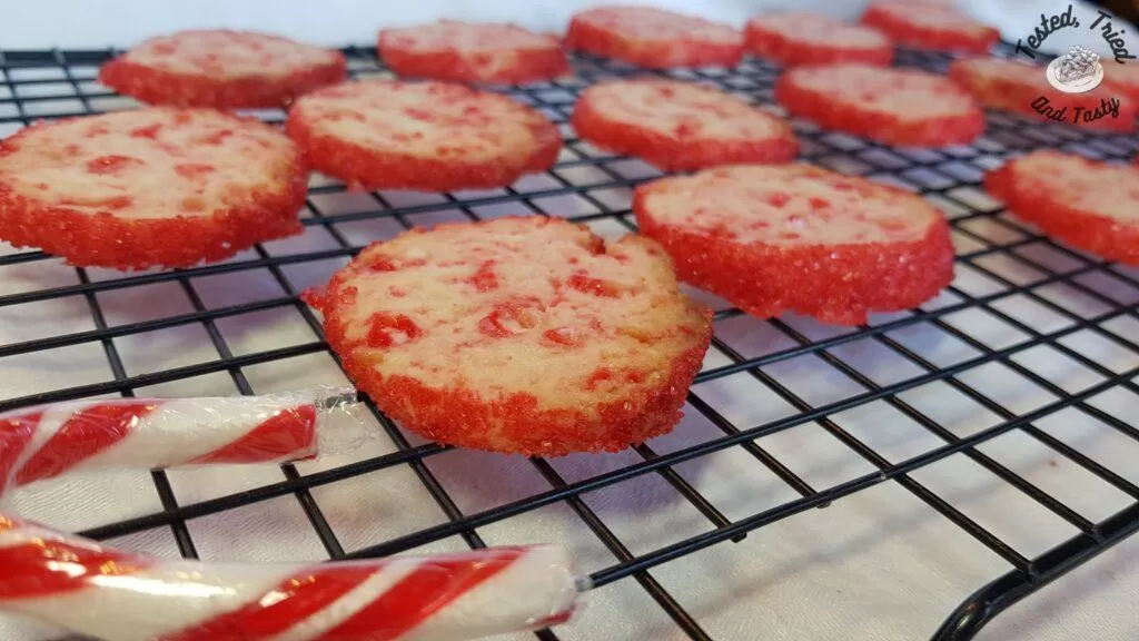 Peppermint icebox cookies on a wire cooling rack.
