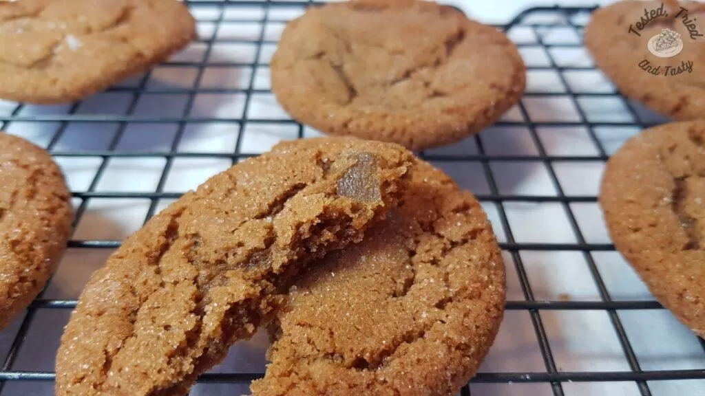 A broken gingersnap showing the chewy goodness!