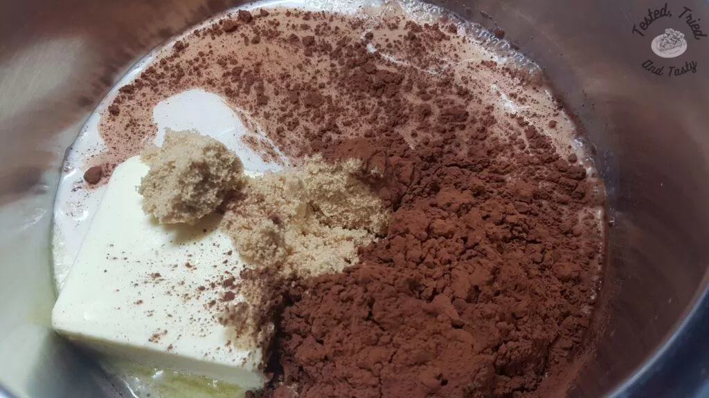 Brown sugar, cocoa, butter and milk in a medium sized saucepan.