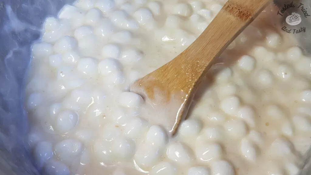 Candy mixture melting for chocolate fudge.