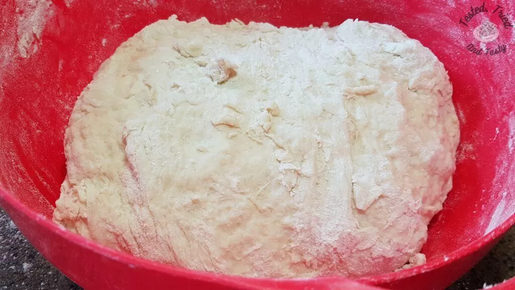 The bread dough roughly mixed in a red bowl.
