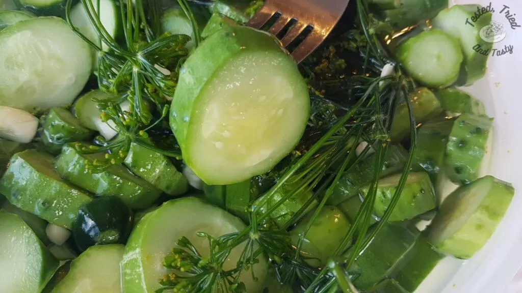 Sweet refrigerator pickles ready to eat.