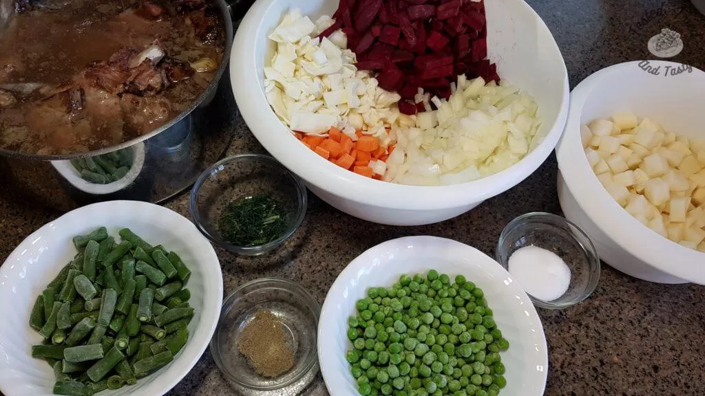 Ingredients for beet borscht recipe.