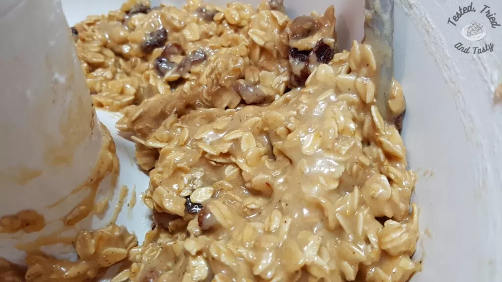 Finished batter for oatmeal raisin cookies.