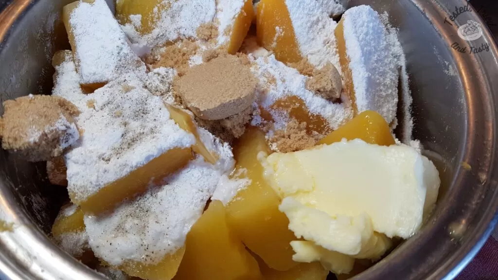 Cooked rutabaga with brown sugar, flour, salt, and eggs.