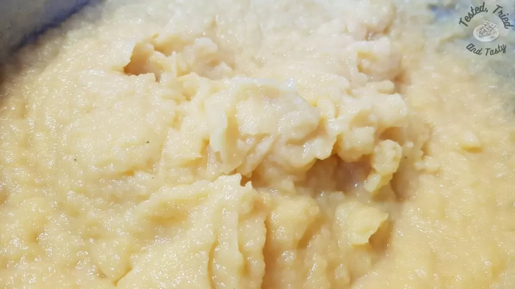 Mashed rutabaga with butter, eggs, flour, brown sugar, salt, and baking powder.