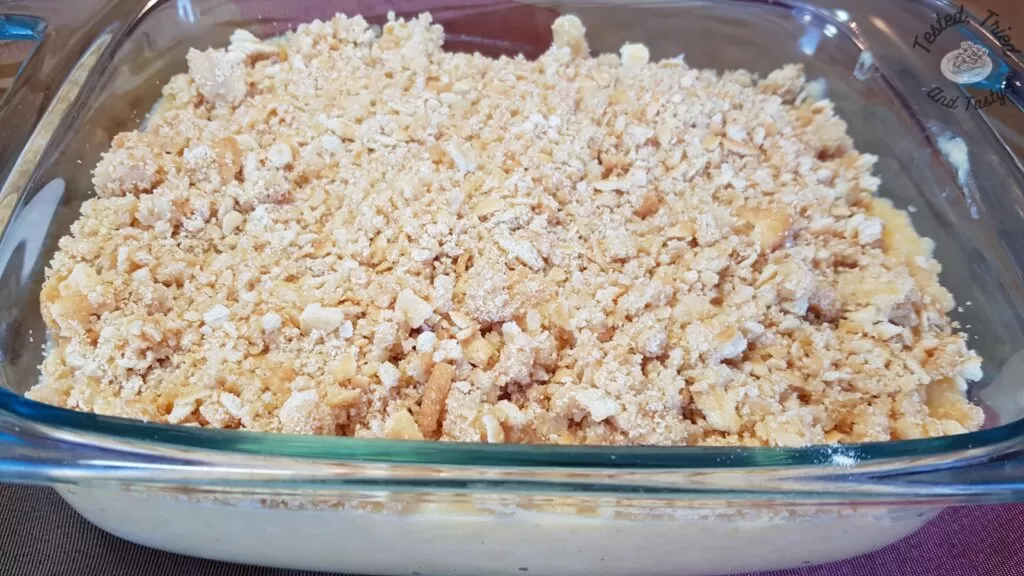 Rutabaga puff casserole in a glass serving dish.
