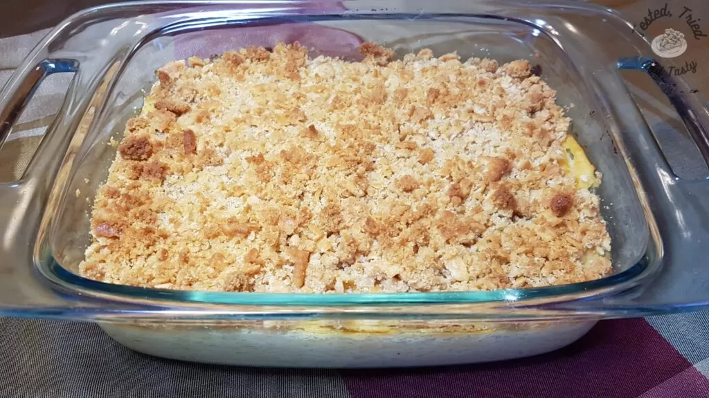 Rutabaga puff casserole in a glass serving dish.