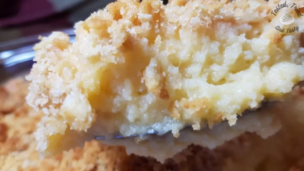 Rutabaga puff casserole being served.