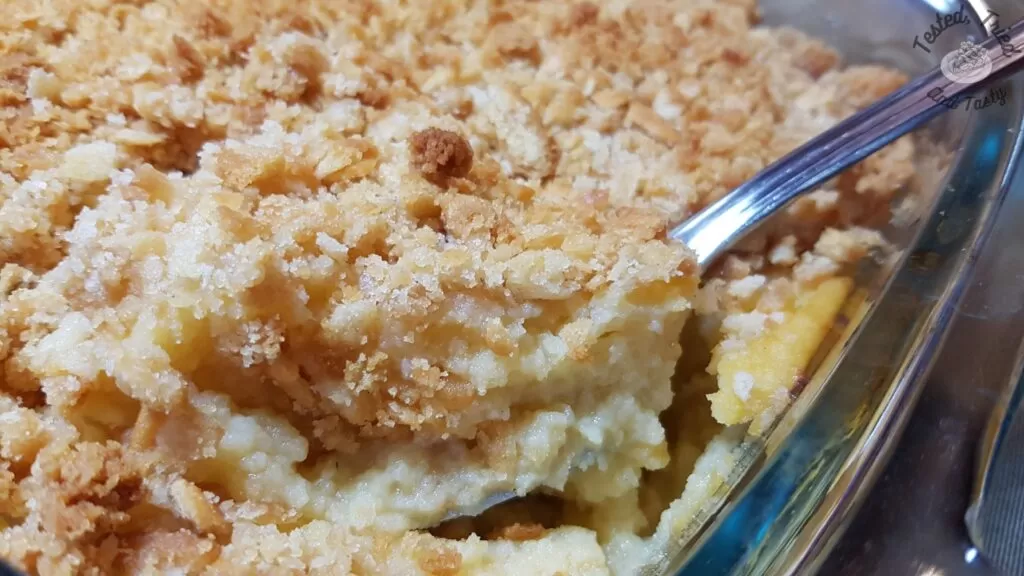 Rutabaga puff casserole being served.
