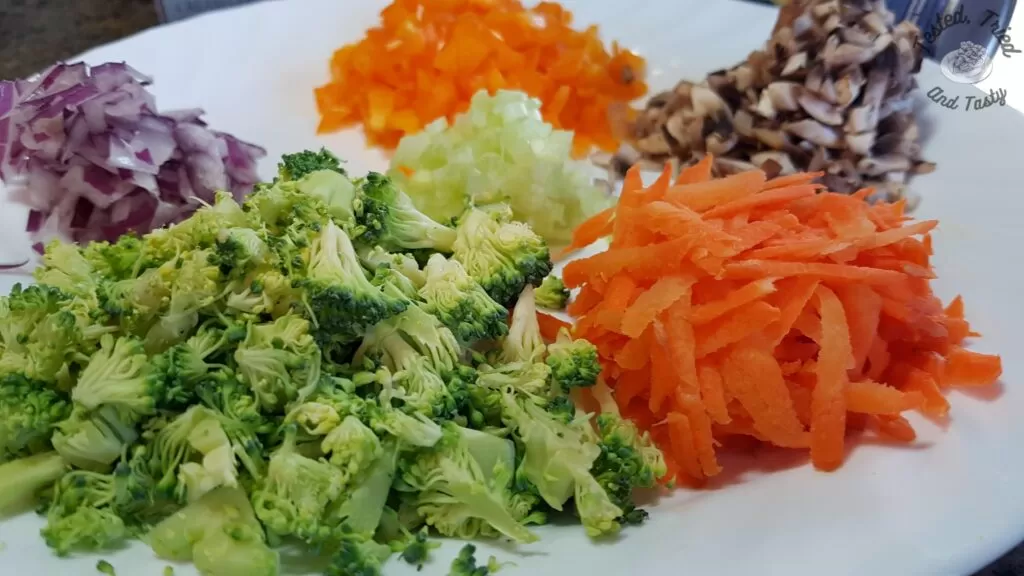 Vegetables used and prepared for crescent roll vegetable appetizer.