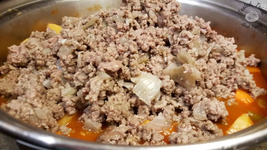 Ground beef added to easy stovetop hamburger stew.