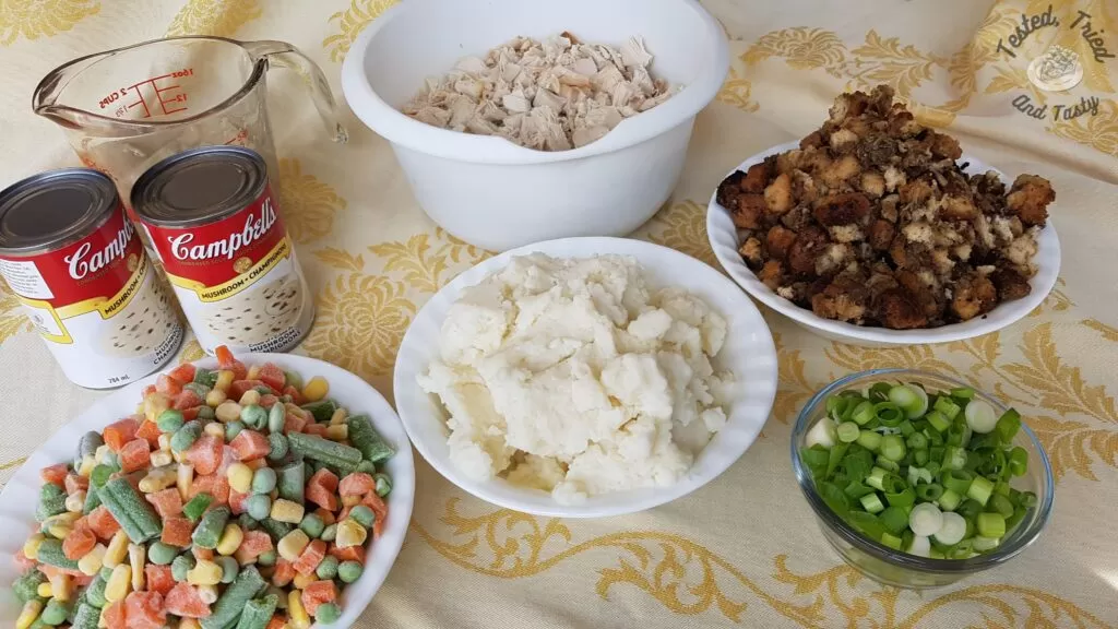 Ingredients for leftover turkey casserole.