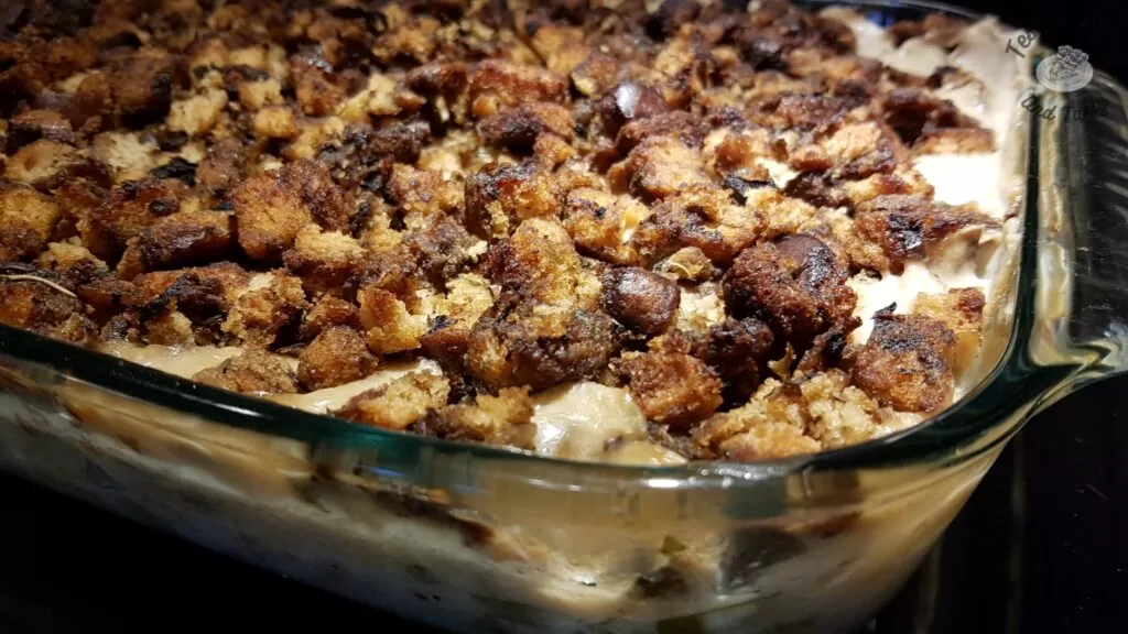 Leftover turkey casserole finished baking.