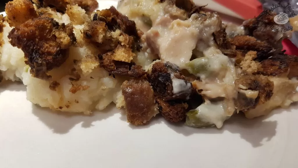 Leftover Turkey Casserole on a white plate,